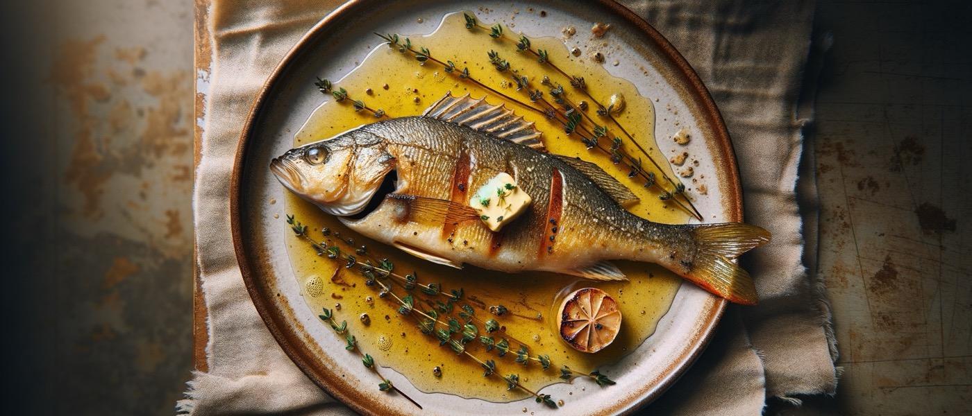 Braten-Flussbarsch mit Knoblauch-Thymian-Butter