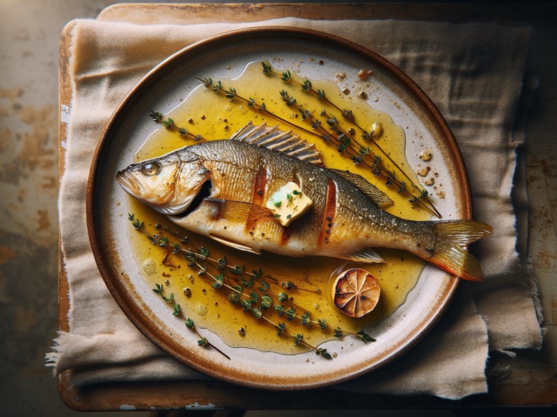 Braten-Flussbarsch mit Knoblauch-Thymian-Butter